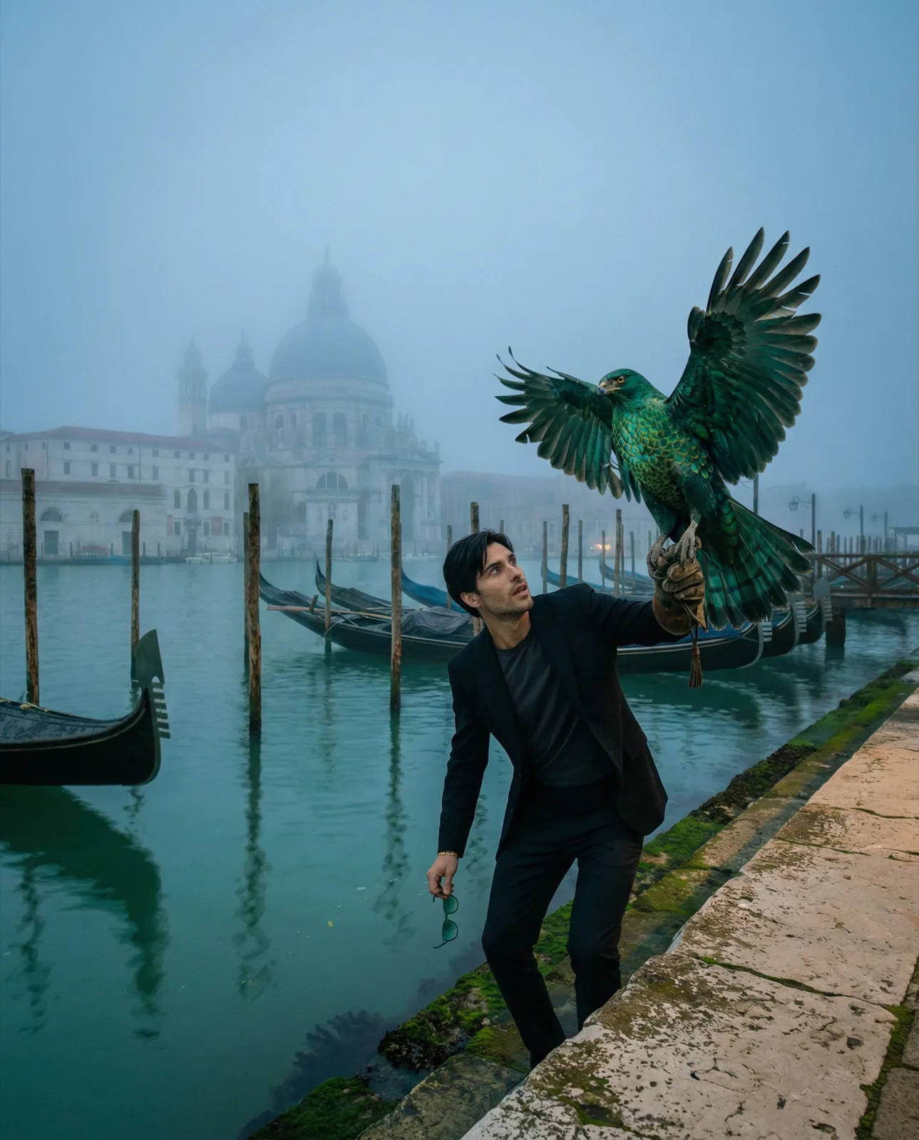 The Arrival — Alex with emerald falcon, Venice