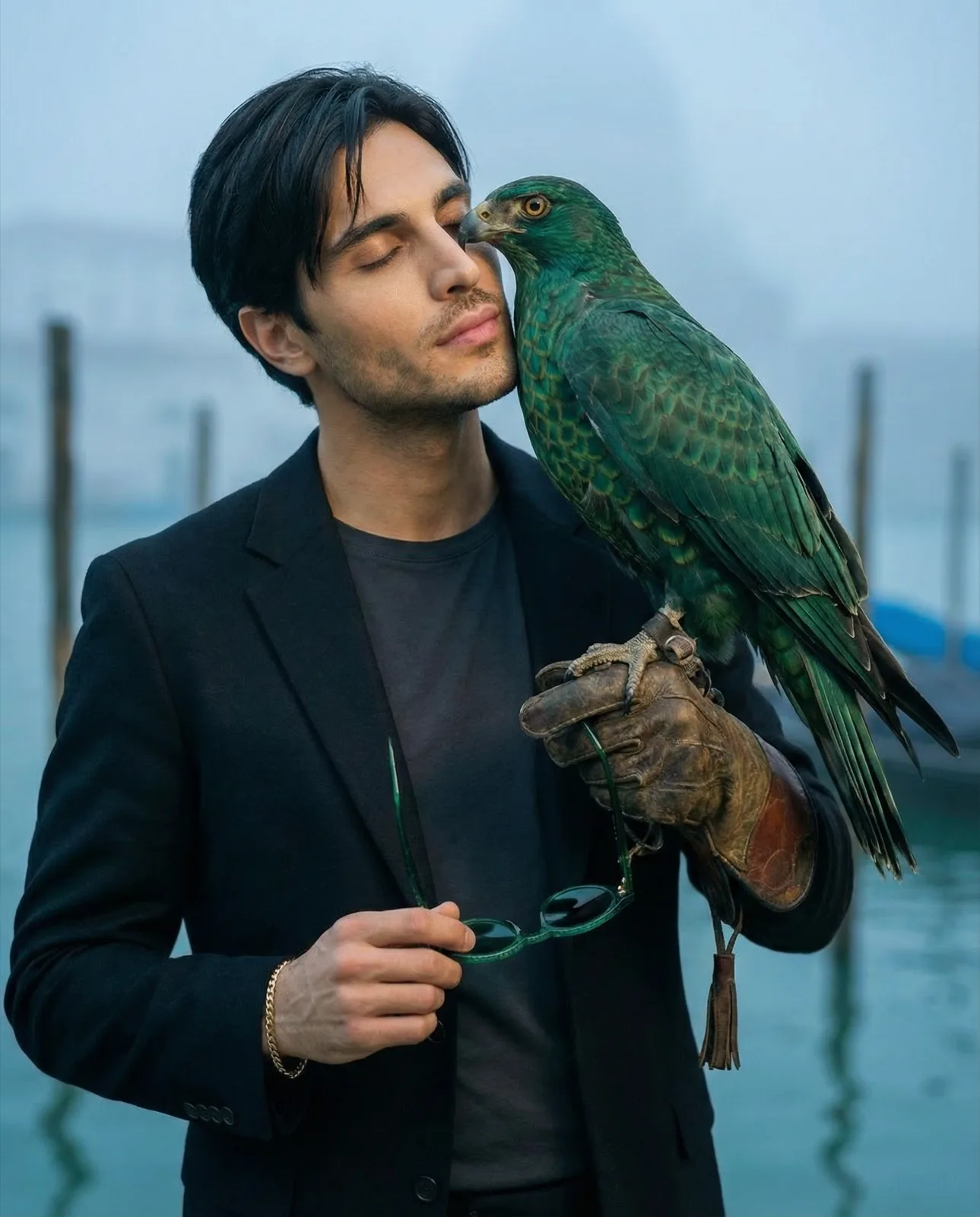 Trust — eyes closed, falcon on shoulder